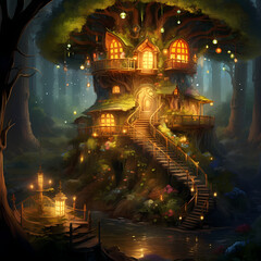 Whimsical treehouse in a magical forest.