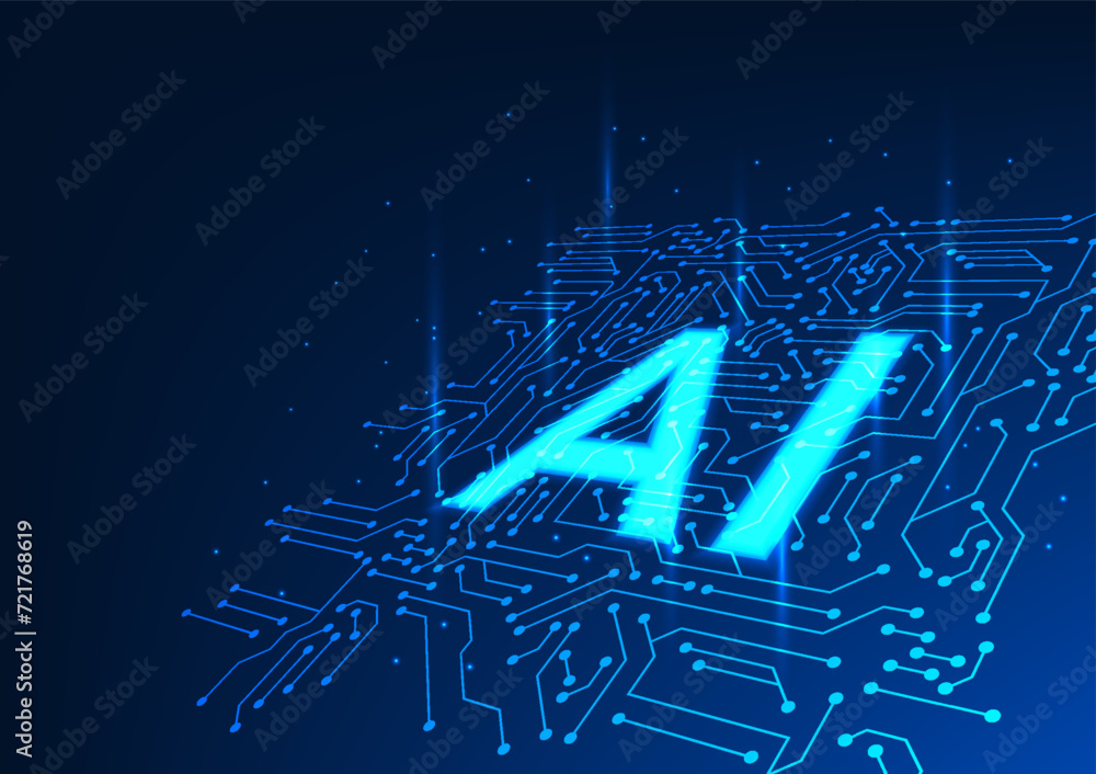 Poster artificial intelligence or ai is on a technology circuit board. it's like a computer that controls e