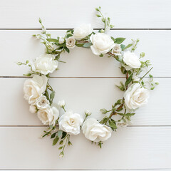 White rose wreath on white wooden background. Wedding concept