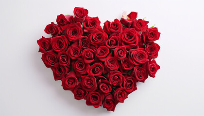 Red heart shape made of red roses on white background. Romantic Love concept.