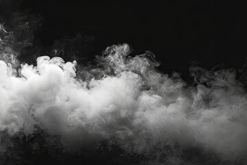 Mysterious swirls of smoke and fog abstract dance of light and dark. Background steamy haze white clouds in motion like stark. Black canvas textured air weaving magical misty art