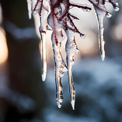 A close-up of a dripping icicle in winter. 