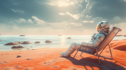 Fototapeta premium Astronaut relax on beach at the other planet abstract background. Summer vacation and adventure concept. Generative ai..