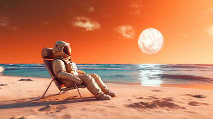 Astronaut relax on beach at the other planet abstract background. Summer vacation and adventure concept. Generative ai..