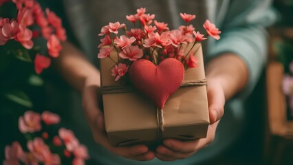 Woman holding valentine gift and envelope closeup