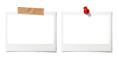 テープと画鋲で留められたポラロイド写真