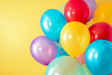 Fototapeta na wymiar Vibrant Party Balloons Floating Against a Sunny Yellow Backdrop