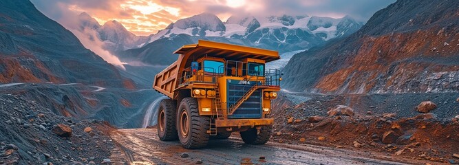 Mining and transportation of aluminium ore.Bauxite clay is loaded onto a Hitachi quarry truck by an excavator. - obrazy, fototapety, plakaty
