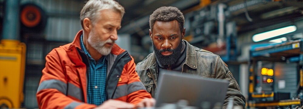 Black Auto Technician and Caucasian Fixer Monitoring Diagnostic Outcomes on a Laptop and Computer. Mechanic's explanation of an engine breakdown