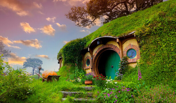 MATAMATA- NEW ZEALAND -NOVEMBER -2- 2022: Hobbiton - movie set created for filming the Lord of the Rings and "Hobbit" movies - Matamata, New Zealand,spring scene background