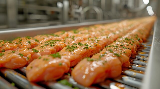 Modern poultry factories use chain conveyors to suspend chickens for the cut-up portion.