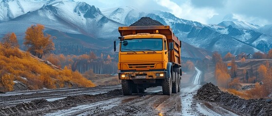 A dump truck removes heated asphalt. Building a new roadway - obrazy, fototapety, plakaty