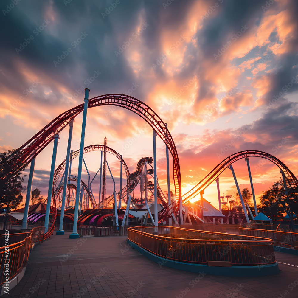 Canvas Prints A roller coaster at a theme park against a sunset sky.