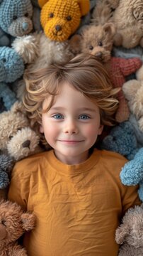 Photographed from above, a content small child is surrounded by his plush toys.