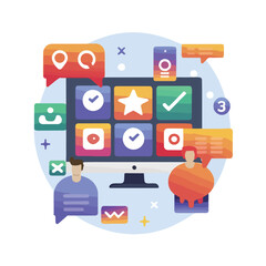 2d vector illustration colorful social media boost , influence blogger E-marketer via Internet pages marketing referral
