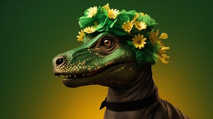 Dinosaur with flower on green background. St.Patrick’s Day. presentation. advertisement. invite invitation. copy text space.