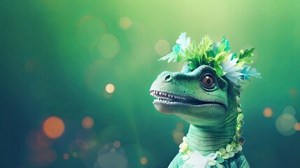 Dinosaur with flower on green background. St.Patrick’s Day. presentation. advertisement. invite invitation. copy text space. - obrazy, fototapety, plakaty