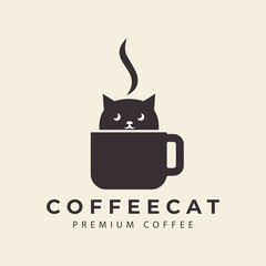cat logo with coffee cup  pet shop  minimalist  vector icon symbol illustration design template
