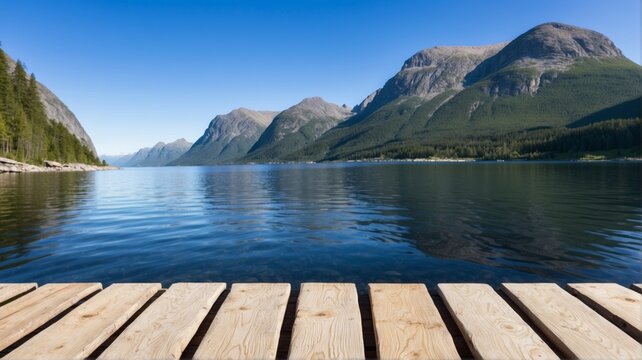 Image of wood texture of a boardwalk and beautiful summer landscape background with free copyspace
