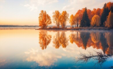 Scenic sundown, best and beautiful fall autumn lake landscape of trees reflected in water. amazing colors, vivid shades, super hd nature wallpaper background. Nature photography, most wonderful places