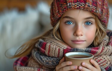 A sick little girl wearing a checkered hat sits by herself on a sofa, sipping hot tea while shivering from the cold in an unheated flat because of debt. - obrazy, fototapety, plakaty