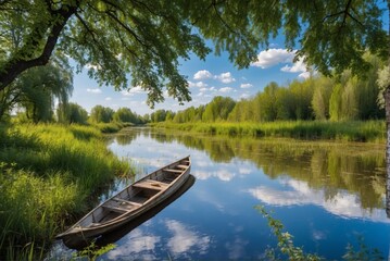 Spring summer landscape blue sky clouds Narew river boat green trees countryside grass Poland water...