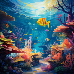 Fototapeta na wymiar A vibrant underwater scene with colorful fish and coral reefs.
