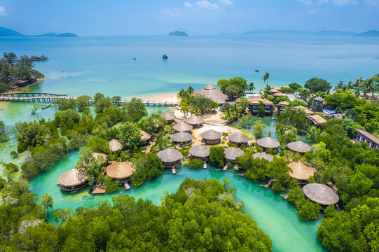 Beautiful beach in tropical sea and romantic resort in Ranong Province, Thailand.