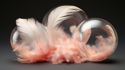 
3d feathers in transparent bubbles.