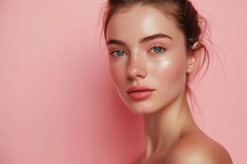 Fototapeta premium Portrait of a young woman with flawless makeup, highlighting her radiant and perfectly smooth skin on a soft pink background.