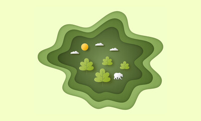 Bear walks in the forest, landscape abstract background, illustrator paper art style.