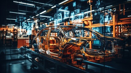 Fototapeta premium Futuristic electric car factory production line with efficiency statistics and copy space