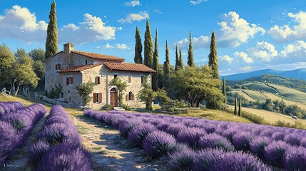 Rustic countryside home amidst lavender fields, with cypress trees and rolling hills under a sunny sky. copy space for text.