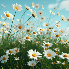 Daisy and camomile-filled meadow under the summer sun