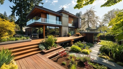 modern home with a striking angular design features a beautiful wooden deck and lush landscaping. Copy space for text.