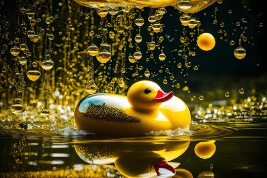 Abstract enchantment in every stroke: surreal artwork with playful elements, starring a yellow rubber duck in a whimsical bubble bath spectacle