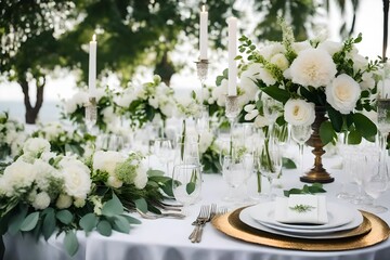 Timeless romance unfolds on the wedding table, dressed in sophisticated white and green tones, a celebration of love and nature