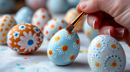 Hand painting colorful easter eggs close-up view on white desk. 