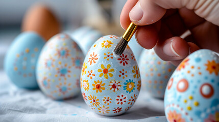 Hand painting colorful easter eggs close-up view on white desk. 