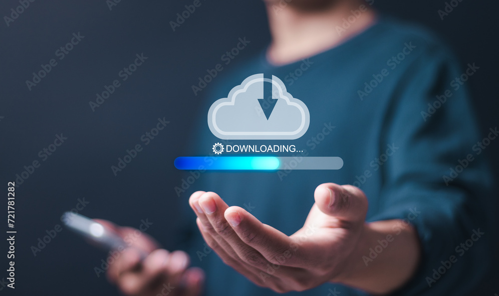 Poster download processing data concept. person use smartphone with virtual screen of downloading bar for d