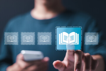 E-library concept. Person use smartphone and hand touch with virtual Ebook icons for electronic...