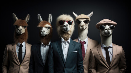 four alpacas in business suits wearing suits on a dark background, in the style of soft sculpture, iconic album covers, symbolic props