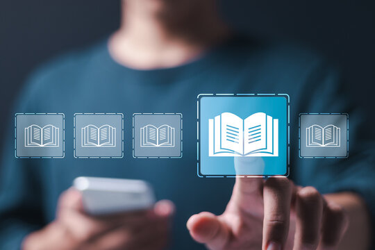 E-library concept. Person use smartphone and hand touch with virtual Ebook icons for electronic books online, knowledge base on internet, digital library or e-library.