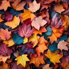 Colorful autumn leaves on a forest floor.