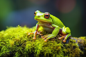 Gliding frog look like laughing on moss, Flying frog laughing, animal closeup, Gliding frog (Rhacophorus reinwardtii) sitting on moss, Indonesian tree frog