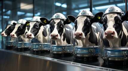 advanced robotic milkmaid. futuristic dairy farm technology with holstein cows in serene rural setting