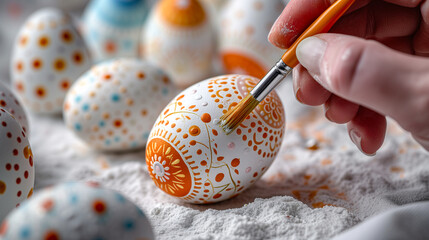 Hand painting colorful easter eggs close-up view on white desk. 