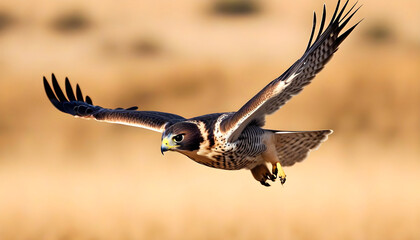 A bird of prey, the peregrine falcon, is in flight with wings outstretched. The background is a yellow-brown field.
