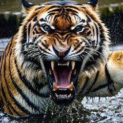 A snarling tiger with large teeth and green eyes.