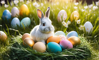 Fototapeta na wymiar Easter a bunny and eggs on outdoor grass. Generative AI